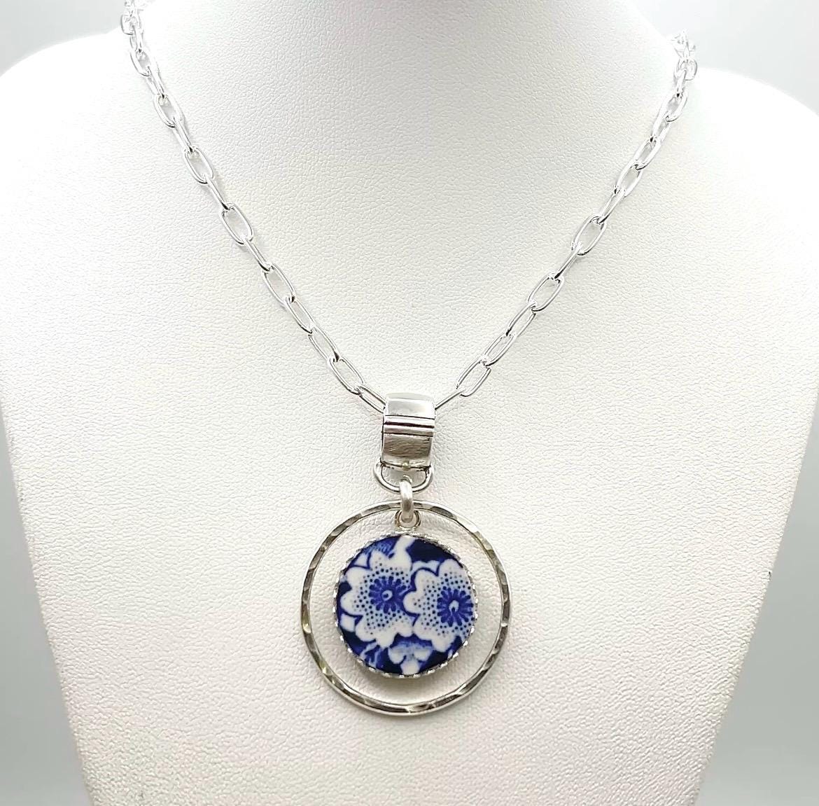 Repurposed 1950's Porcelain Pendant, 18th Anniversary Gift for Wife, Blue and White Flower Pendant, Unique Artisan Jewelry