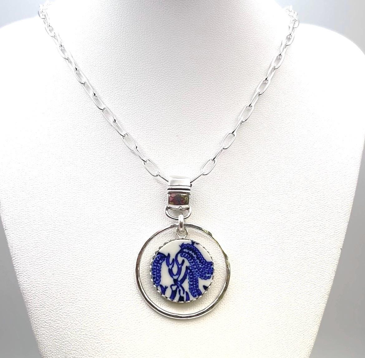 Repurposed Blue Willow China Tree Necklace, 9th Anniversary Gift for Wife, Hammered Sterling Silver
