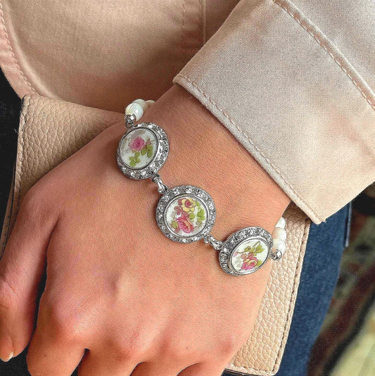 One-of-a-Kind Crystal Charm Bracelet, 18th Anniversary Porcelain Gift for Wife, French Limoges China