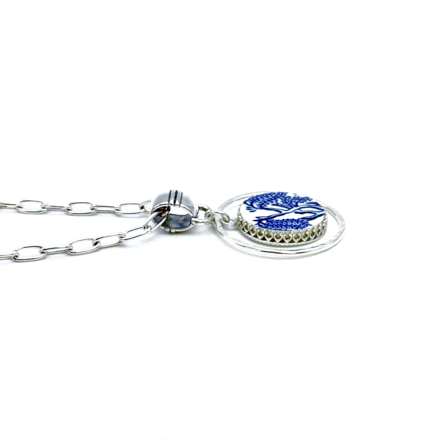 Repurposed Blue Willow China Tree Necklace, 9th Anniversary Gift for Wife, Hammered Sterling Silver