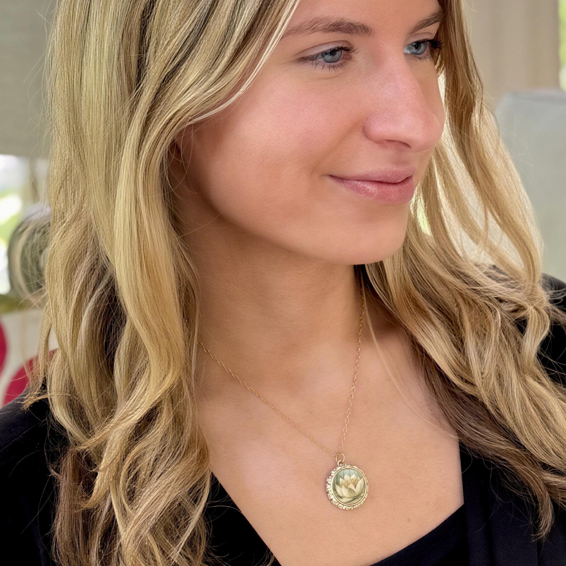 Water Lily Necklace, 18th Wedding Anniversary Porcelain Gift for Wife, Gold Crystal Jewelry