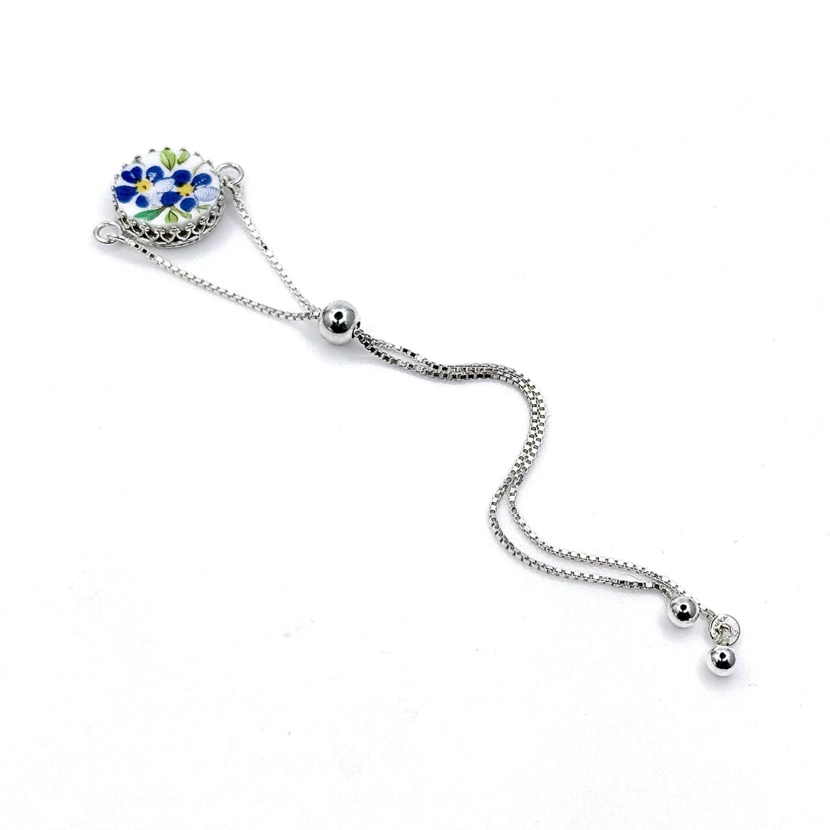 Dainty Gift for Girl/Girlfriend, Forget Me Not Vintage China, Adjustable Bracelet, Sterling Silver Jewelry for Her