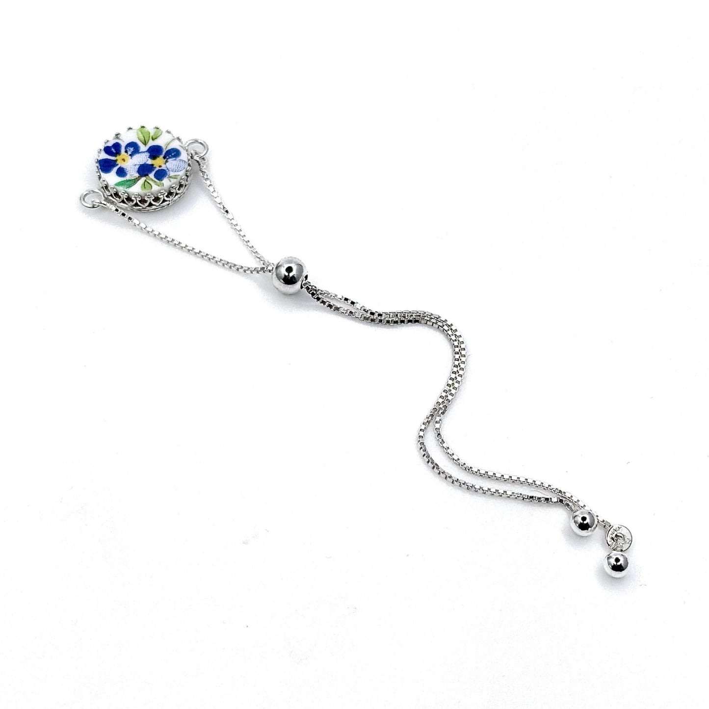 Dainty Graduation Gift for Girl/Girlfriend, Forget Me Not Vintage China, Adjustable Bracelet, Sterling Silver Jewelry for Her