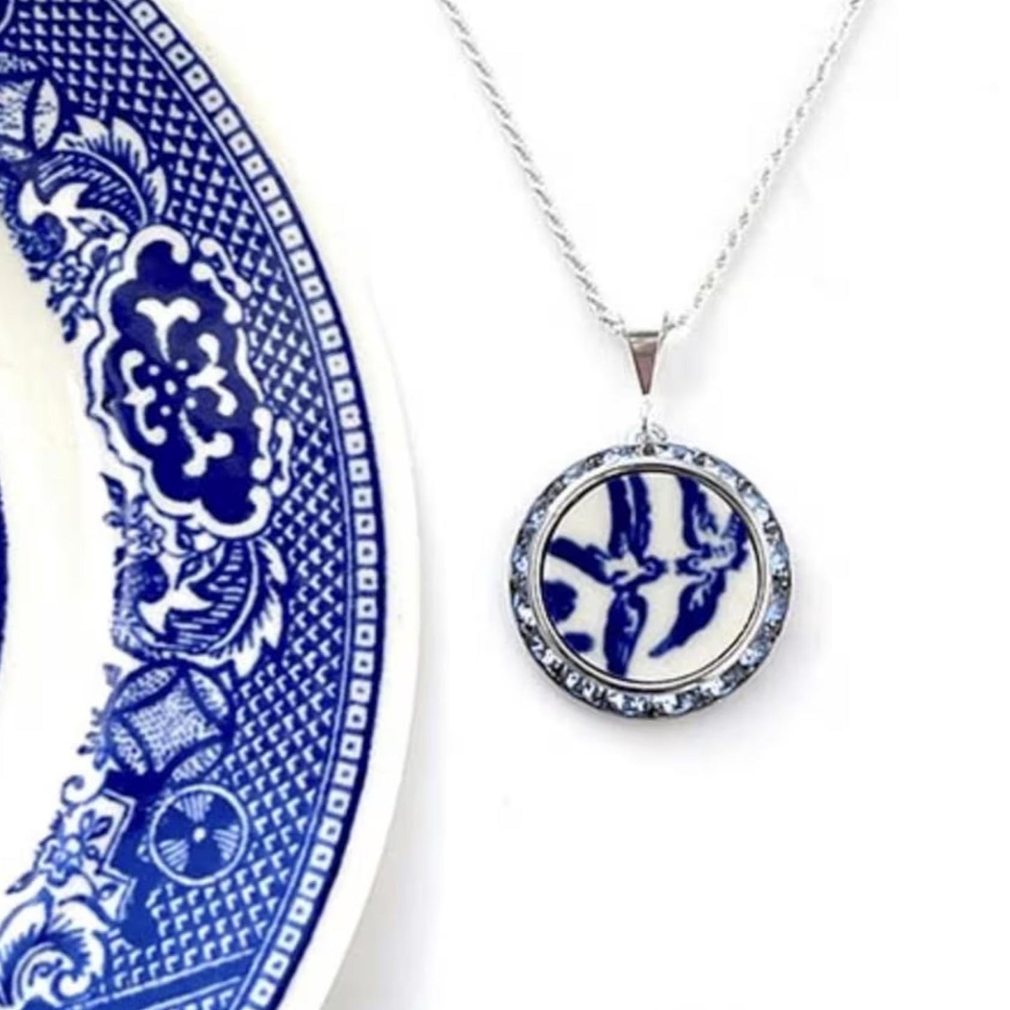 Love Birds China Necklace, Broken China Jewelry, Romantic 20th Anniversary Gift for Wife, Vintage Blue Willow Ware China