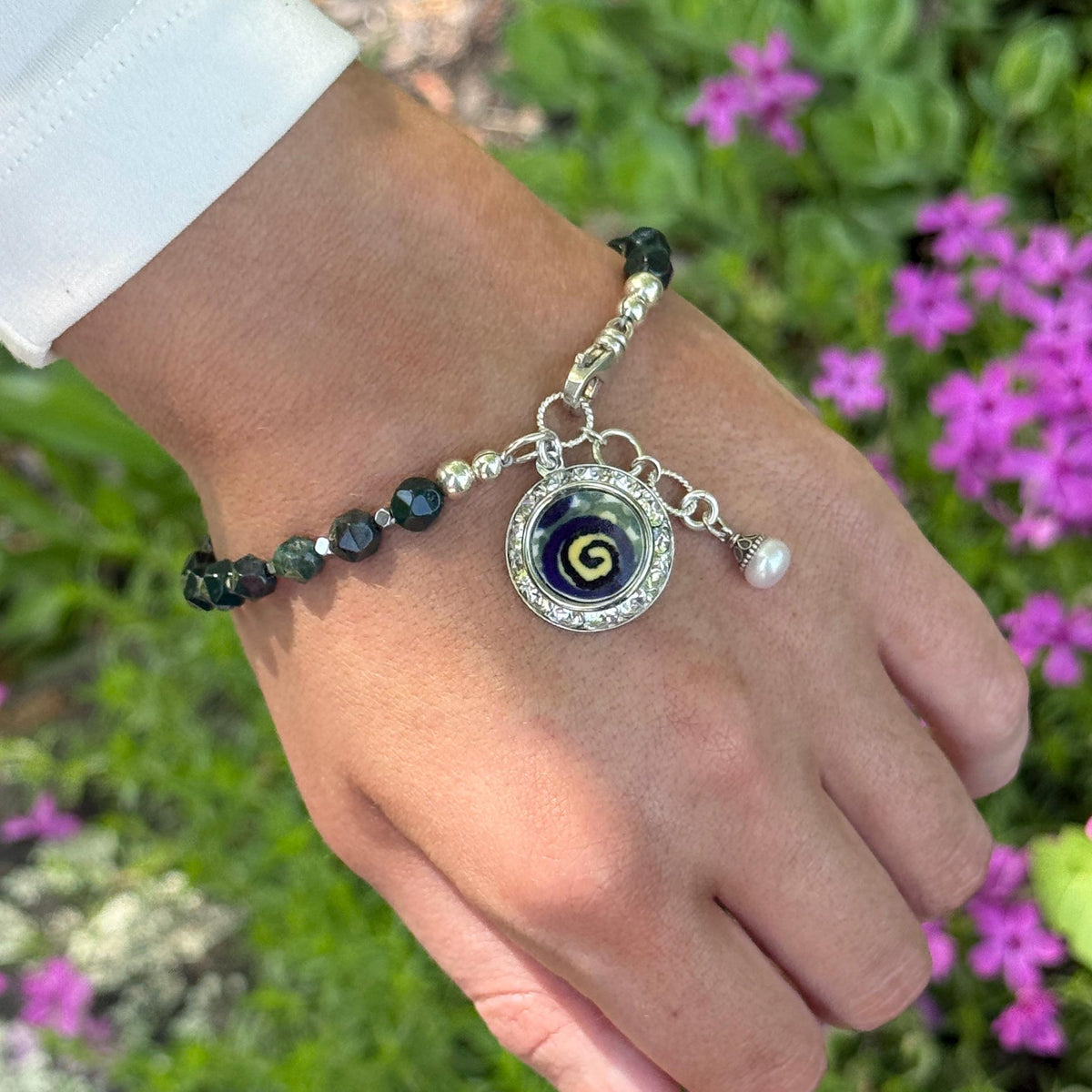 Polish Pottery Charm Bracelet, Porcelain 18th Anniversary Gifts, Sterling Silver Jewelry