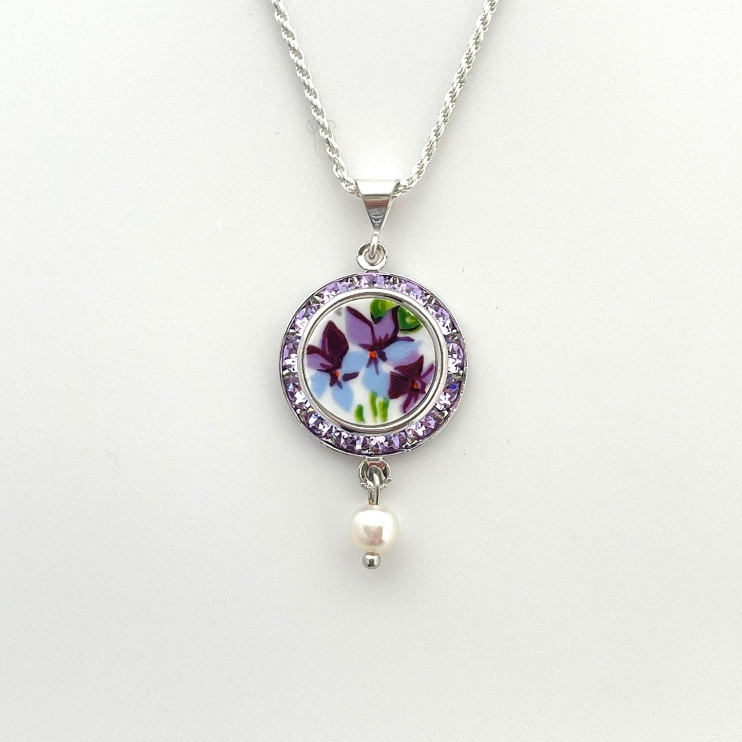 Purple Violet Crystal Necklace, Broken China Jewelry Pearl Pendant, Unique Anniversary Jewelry Gift
