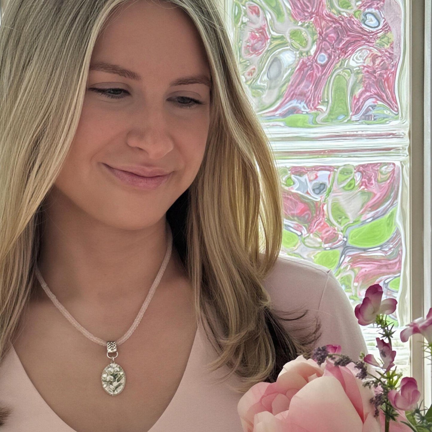 Adjustable Lily of the Valley Necklace, 20th Anniversary Gift for Wife, Rose Quartz & Sterling Silver Broken China Jewelry