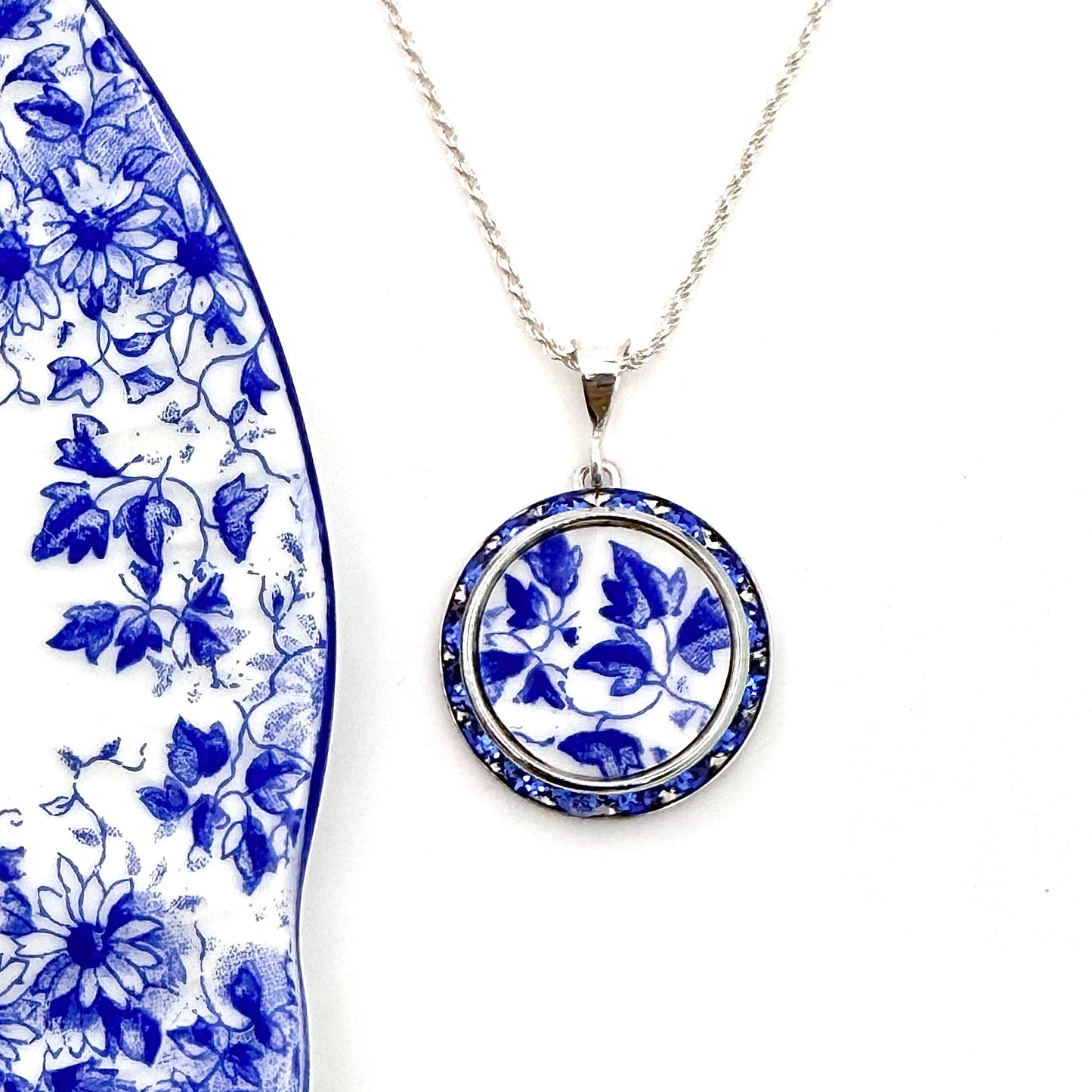Sapphire Blue Crystal Necklace, Traditional 18th Wedding Anniversary Gift for Wife, Antique Porcelain Jewelry