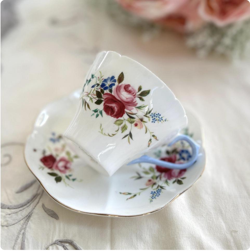 Shelley China Tea Cup and Saucer, 20th Anniversary Gift for Wife, Vintage English China, Roses, Forget-Me-Nots, Morning Glory