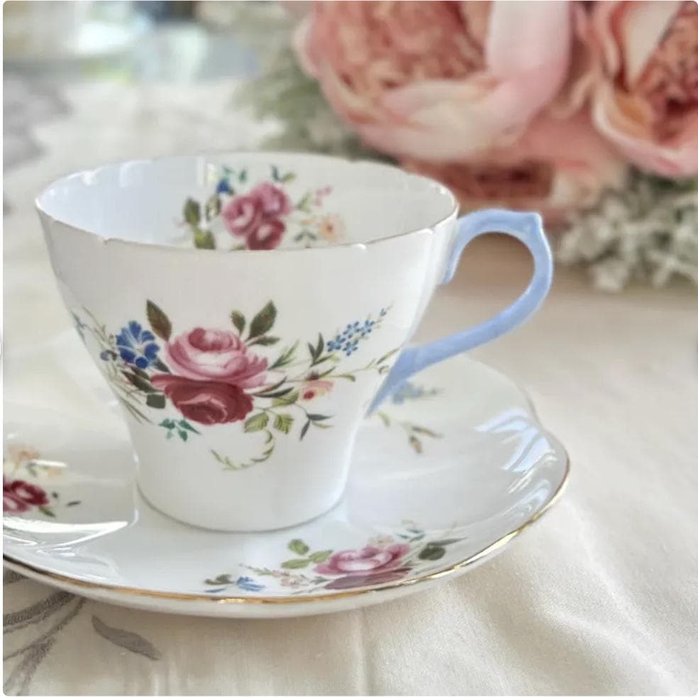 Shelley China Tea Cup and Saucer, 20th Anniversary Gift for Wife, Vintage English China, Roses, Forget-Me-Nots, Morning Glory