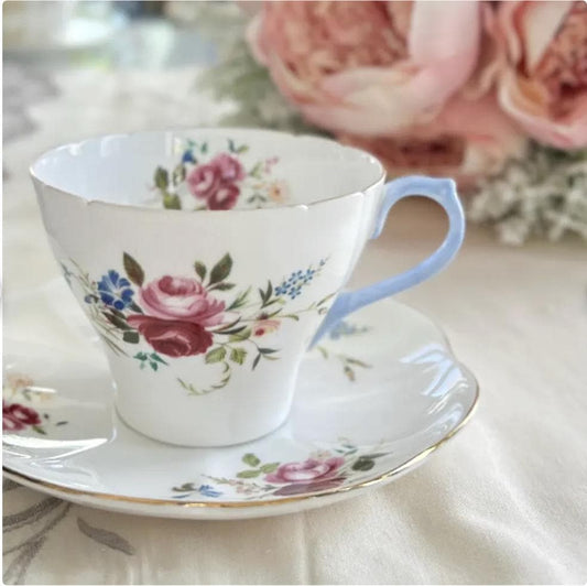 Shelley China Tea Cup and Saucer, 20th Anniversary Gift for Wife, Vintage English China, Roses, Forget-Me-Nots, Morning Glory