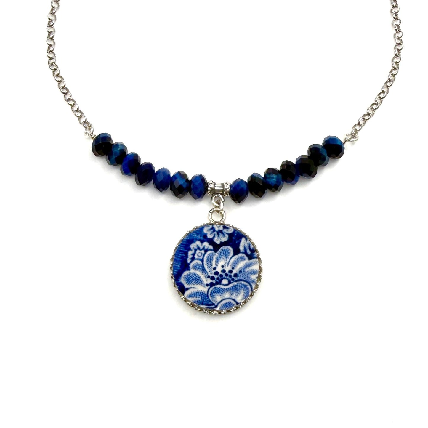 Sterling Silver Liberty Blue China Pendant Necklace, Vintage Repurposed Broken China Jewelry, 20th Anniversary Gift