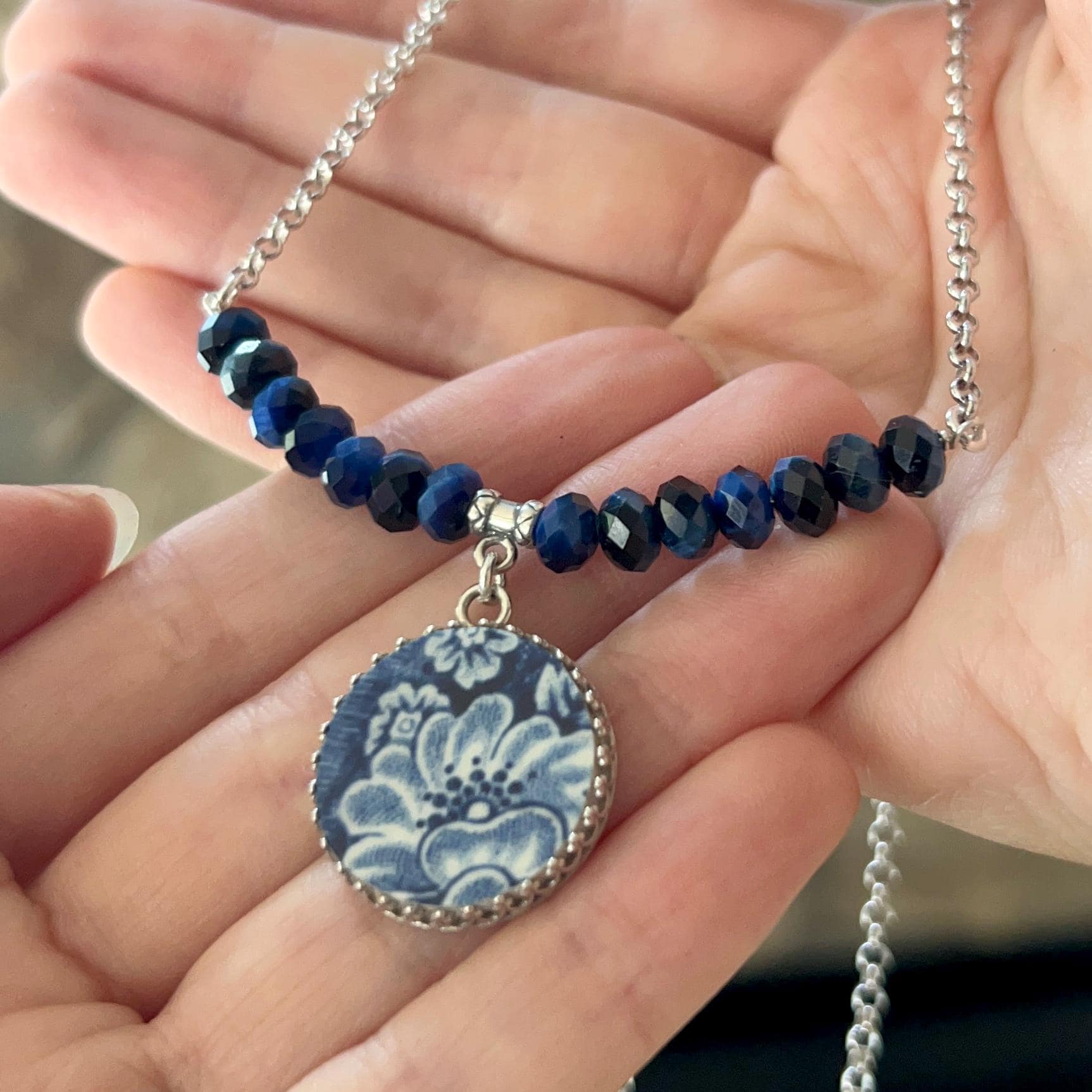 Sterling Silver Liberty Blue China Pendant Necklace, Vintage Repurposed Broken China Jewelry, 20th Anniversary Gift