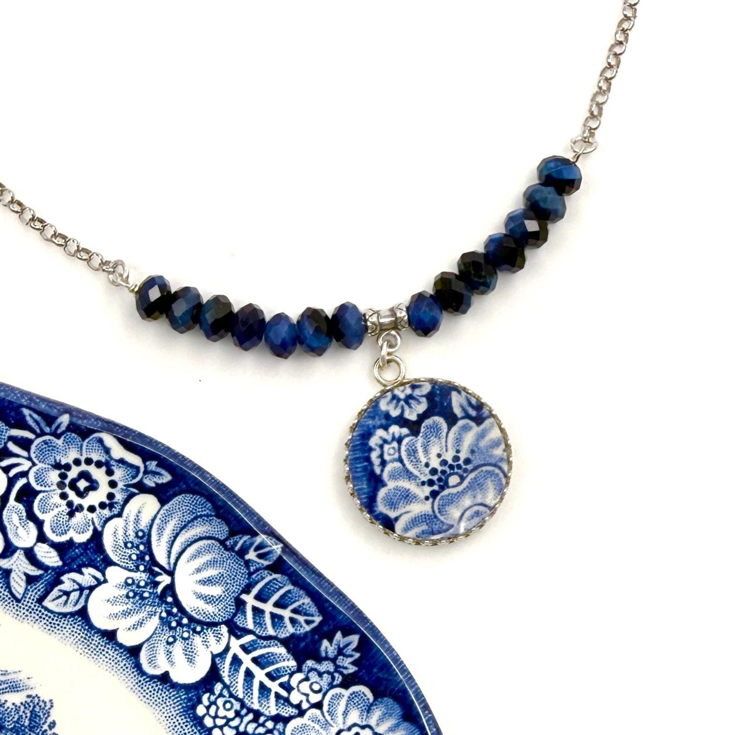 Sterling Silver Liberty Blue China Pendant Necklace, Vintage Repurposed Broken China Jewelry, 20th Anniversary Gift