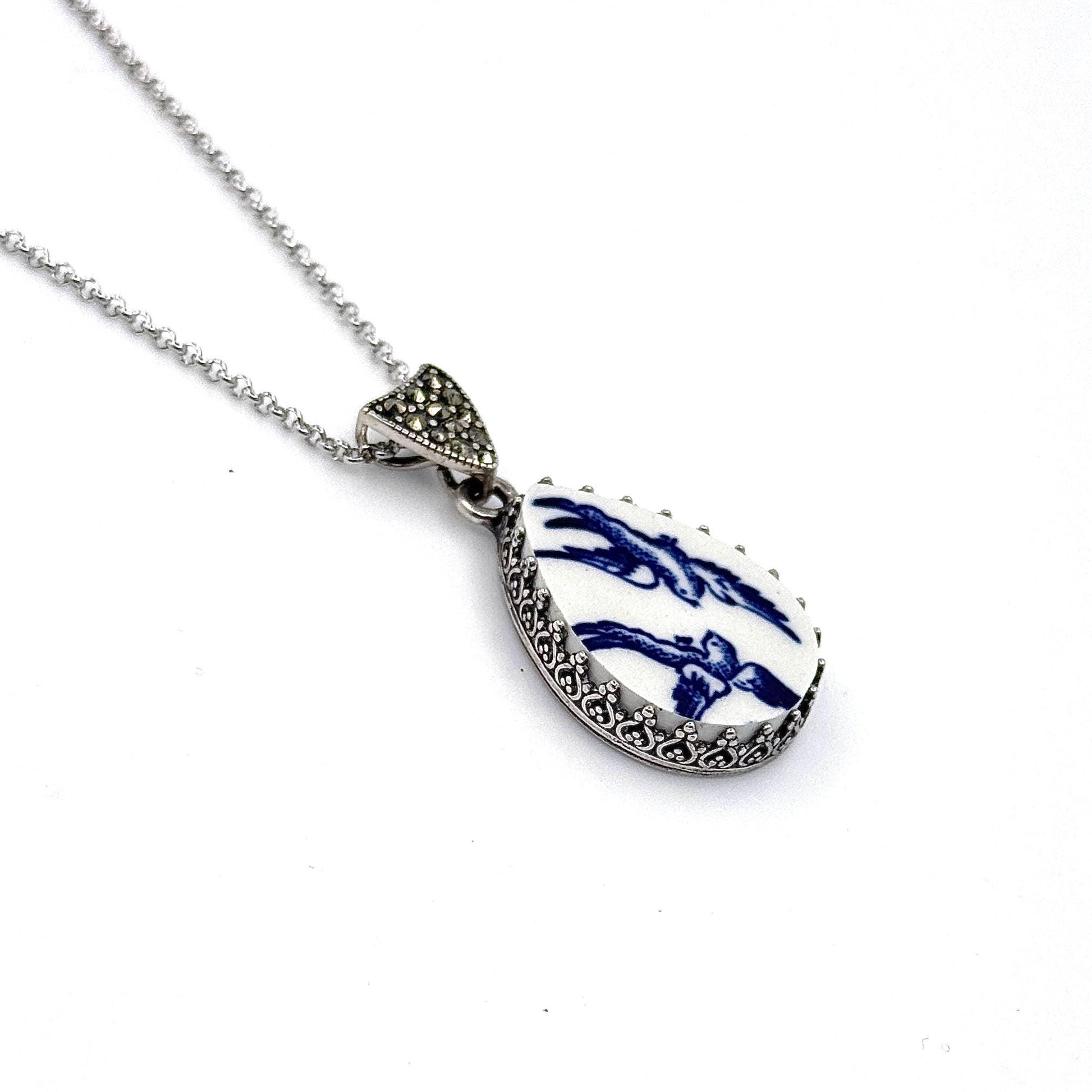 18th Anniversary Porcelain Gift for Wife, Adjustable Love Birds Necklace, Sterling Silver Blue Willow Jewelry, Marcasite Jewelry