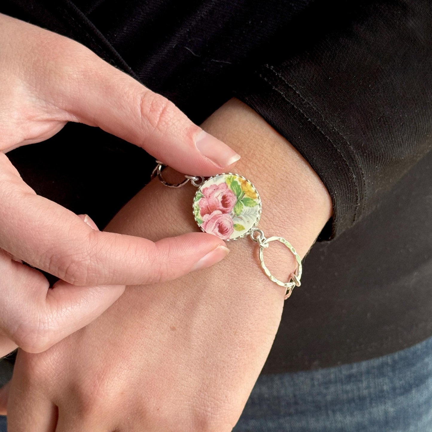 18th Anniversary 2 Roses Bracelet, Gift for Wife, Porcelain Cottagecore Jewelry, Sterling Silver