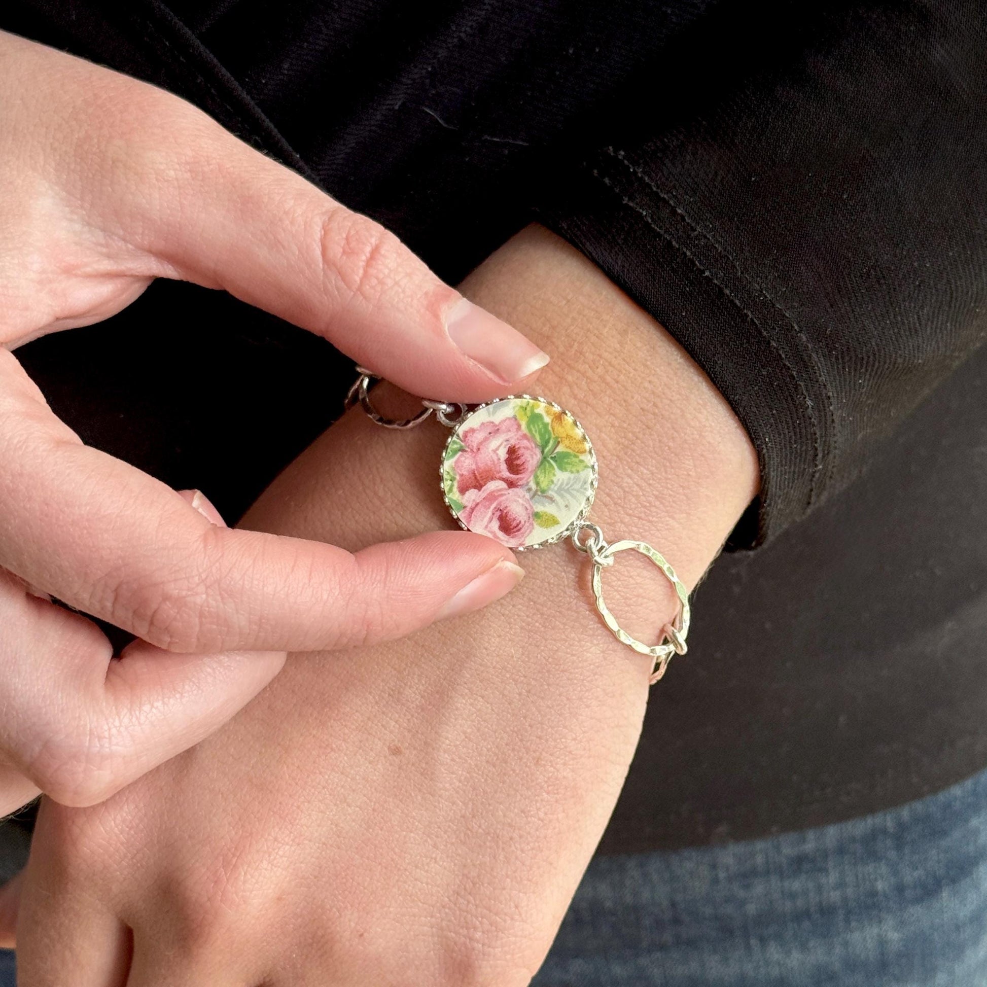 18th Anniversary 2 Roses Bracelet, Gift for Wife, Porcelain Cottagecore Jewelry, Sterling Silver