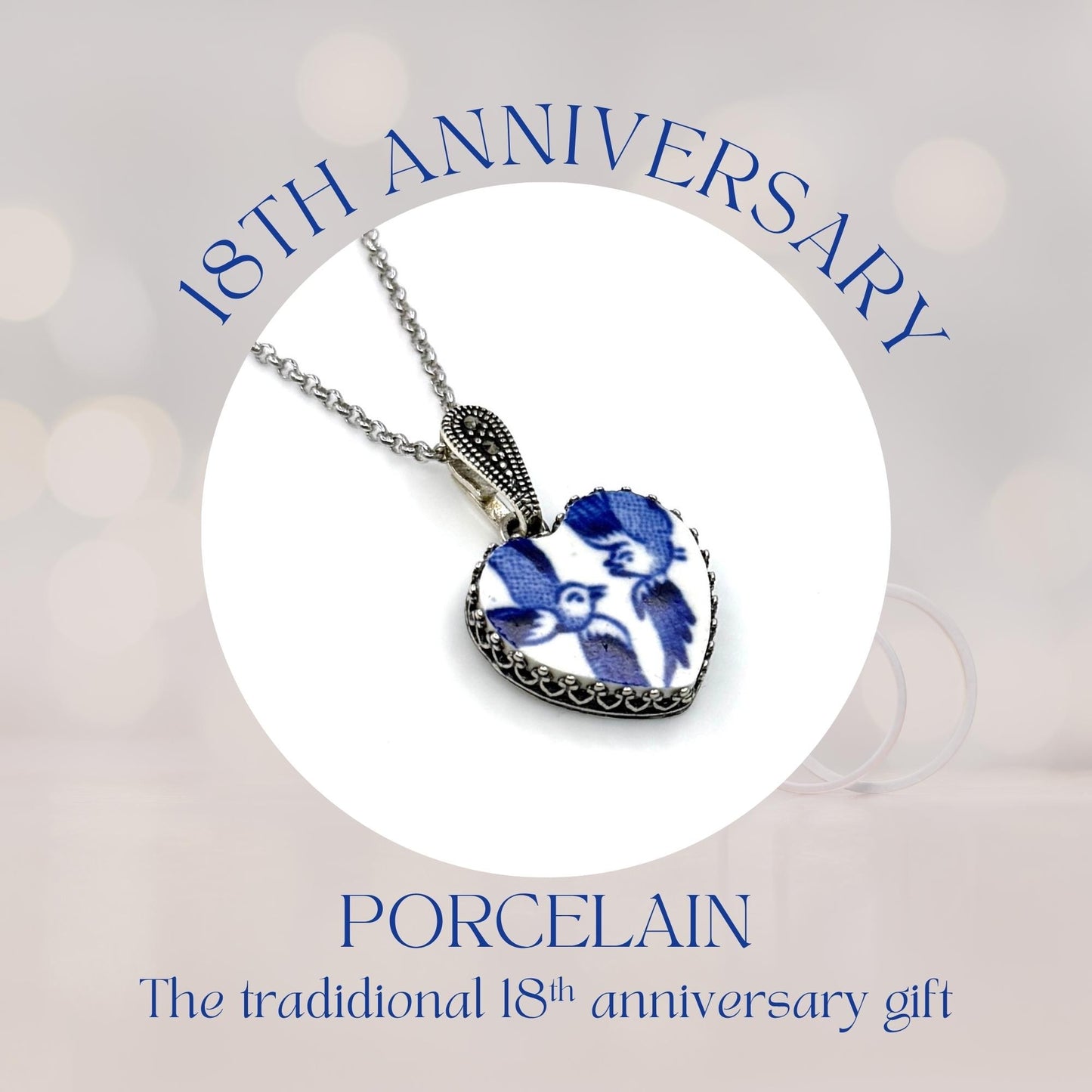 Sterling Silver Love Birds Heart Necklace, Gemstone Jewelry, 18th Wedding Anniversary Gift for Wife