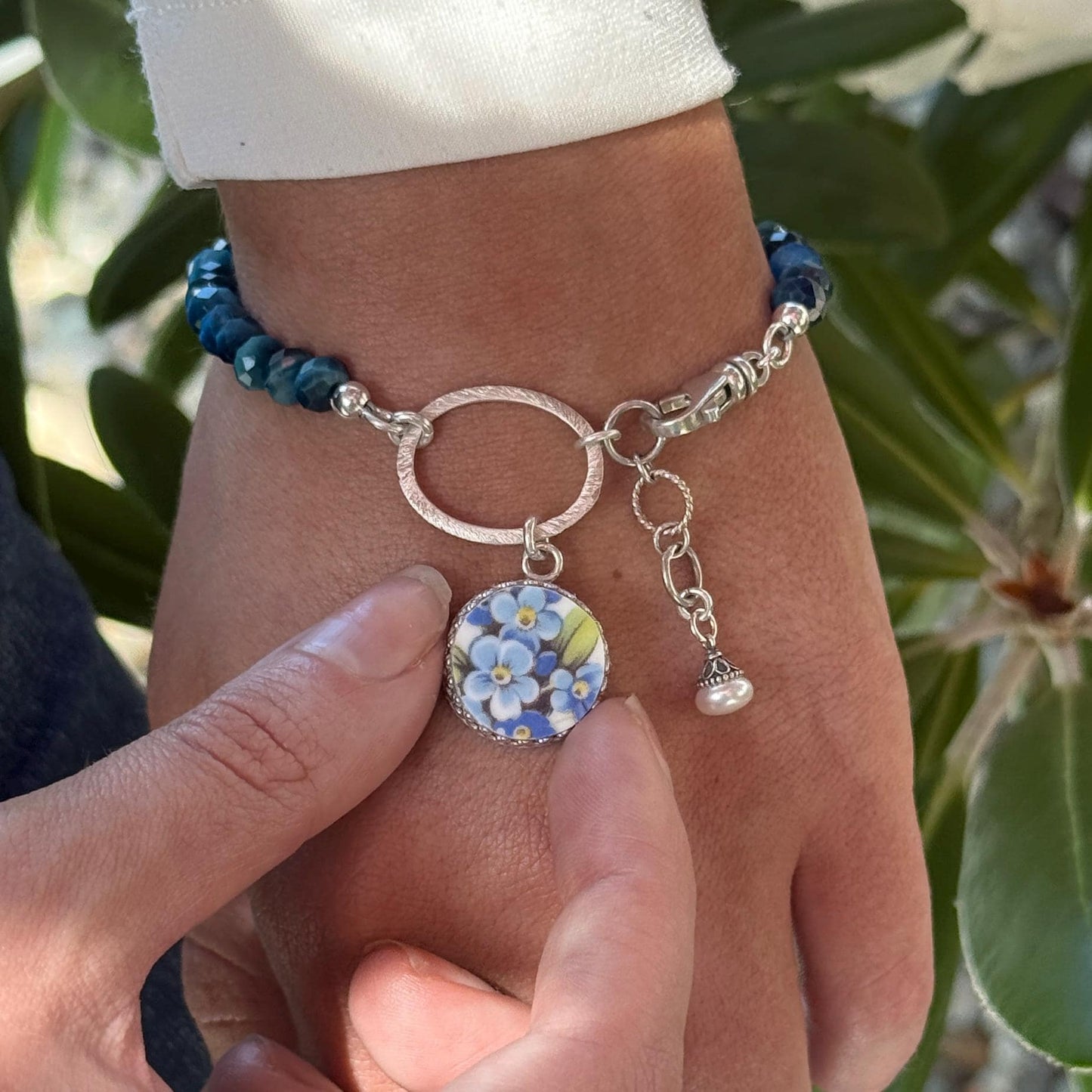 Forget Me Not 20th Anniversary Jewelry, Broken China Jewelry, Adjustable Sterling Silver Bracelet