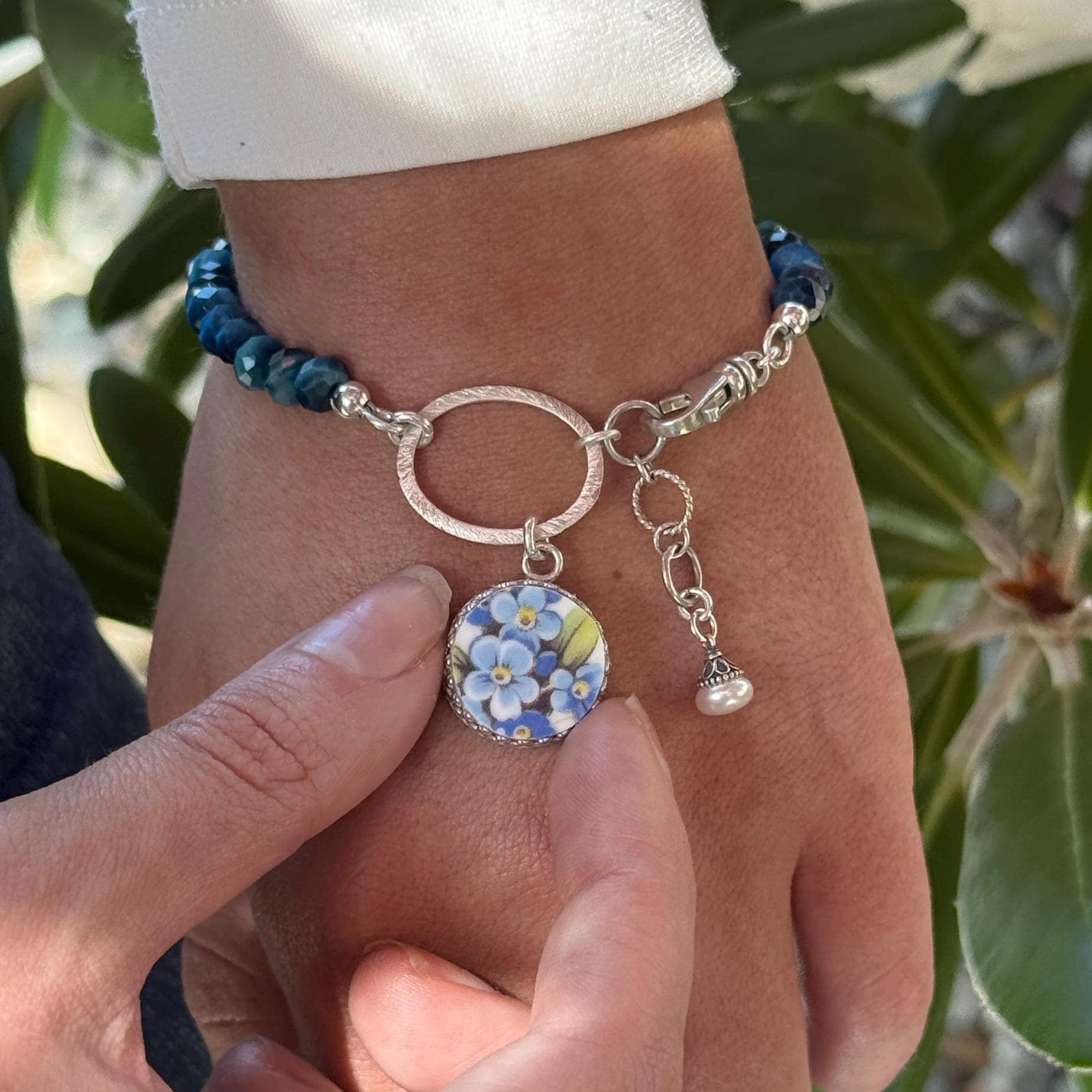 Forget Me Not 20th Anniversary Jewelry, Broken China Jewelry, Adjustable Sterling Silver Bracelet