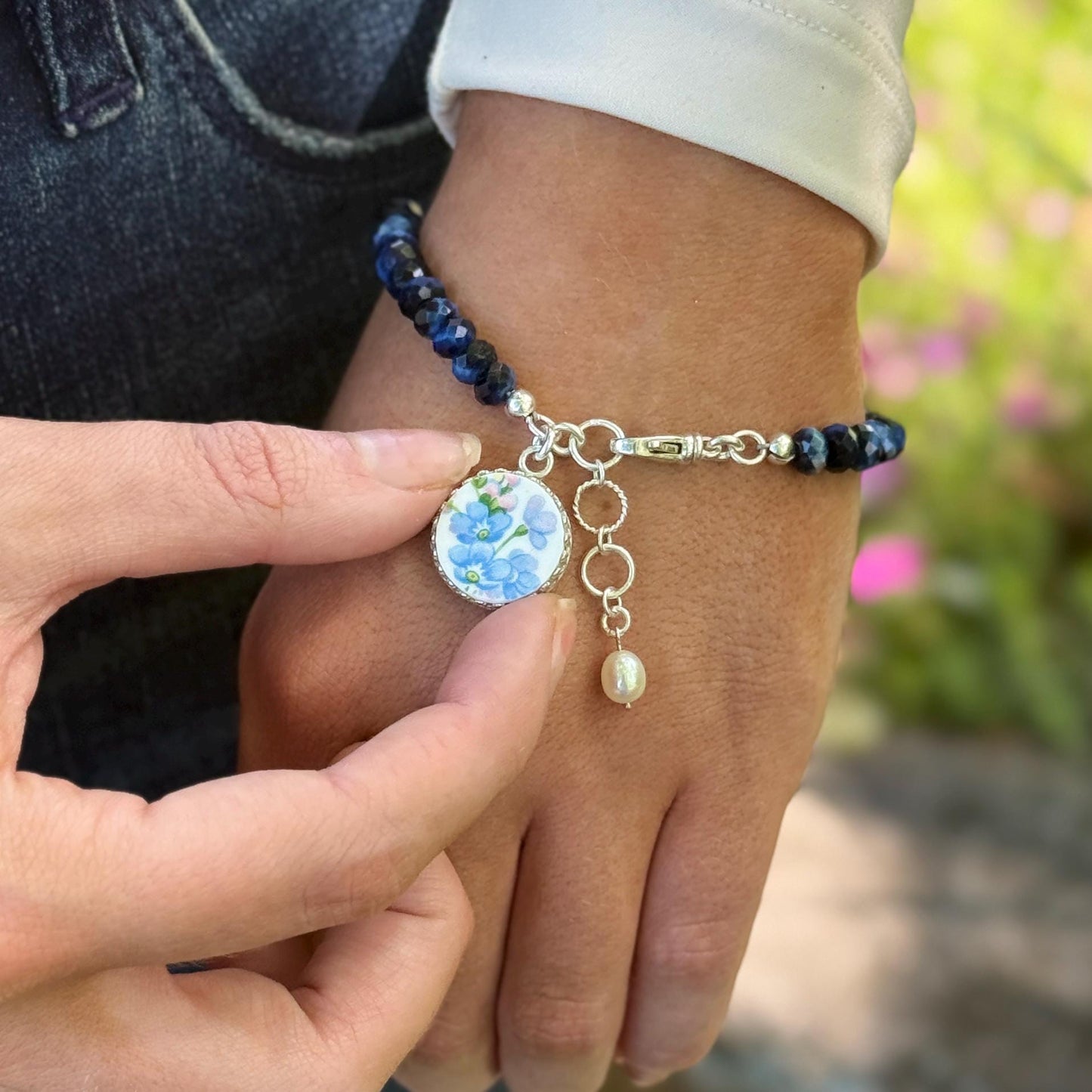 Forget Me Not 18th Anniversary Porcelain Bracelet, Sterling Silver and Gemstone Jewelry Gift for Wife