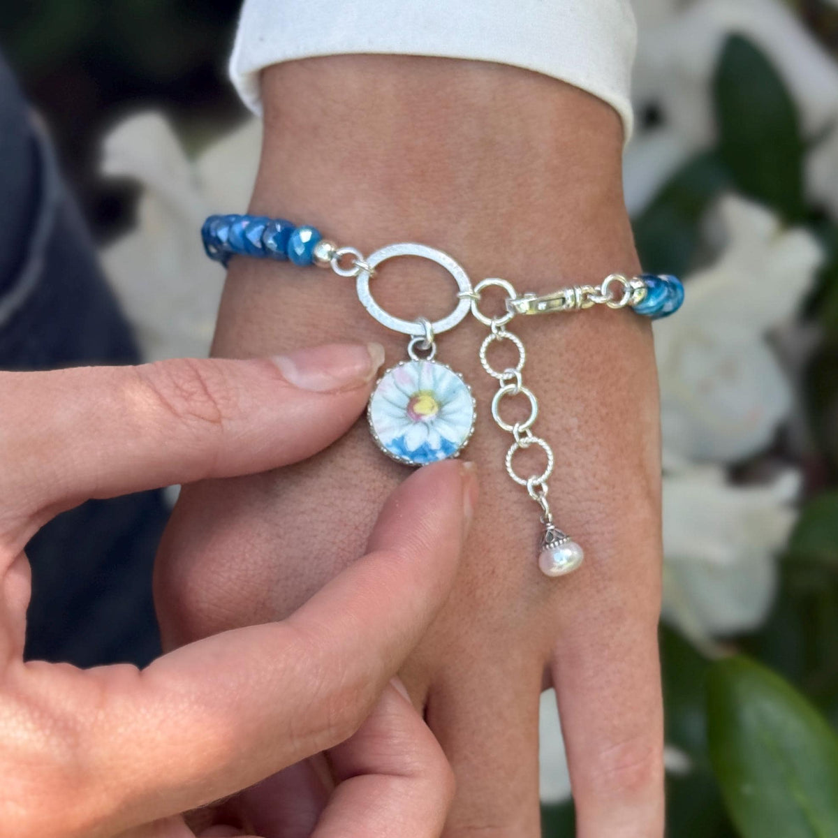 Gemstone 18th Anniversary Porcelain Bracelet, Broken China Jewelry, Sterling Silver Daisy Charm