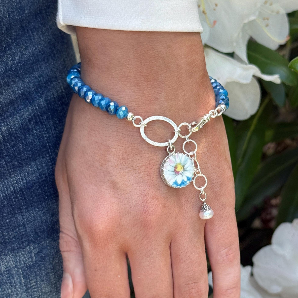 Gemstone 18th Anniversary Porcelain Bracelet, Broken China Jewelry, Sterling Silver Daisy Charm