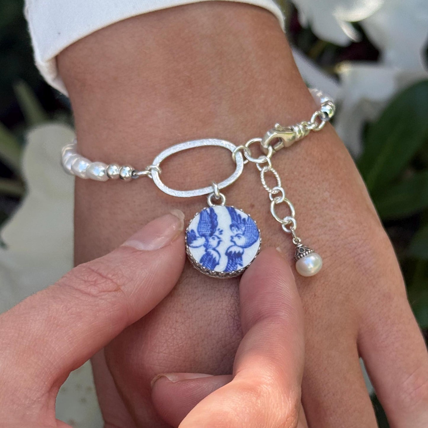 18th Anniversary Love Birds Bracelet, Porcelain Gifts for Wife, Keepsake Pearl Bracelet