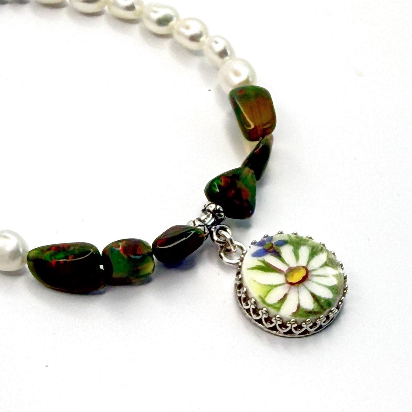 One-of-a-Kind 20th Anniversary Gift for Wife, Black Opal & Pearl Jewelry, Vintage China Daisy Bracelet