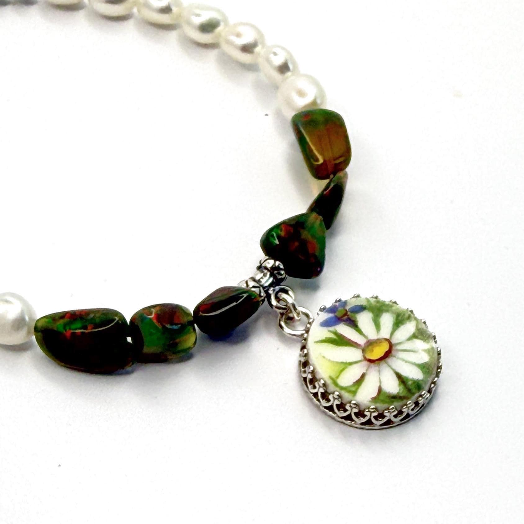 One-of-a-Kind 20th Anniversary Gift for Wife, Black Opal & Pearl Jewelry, Vintage China Daisy Bracelet