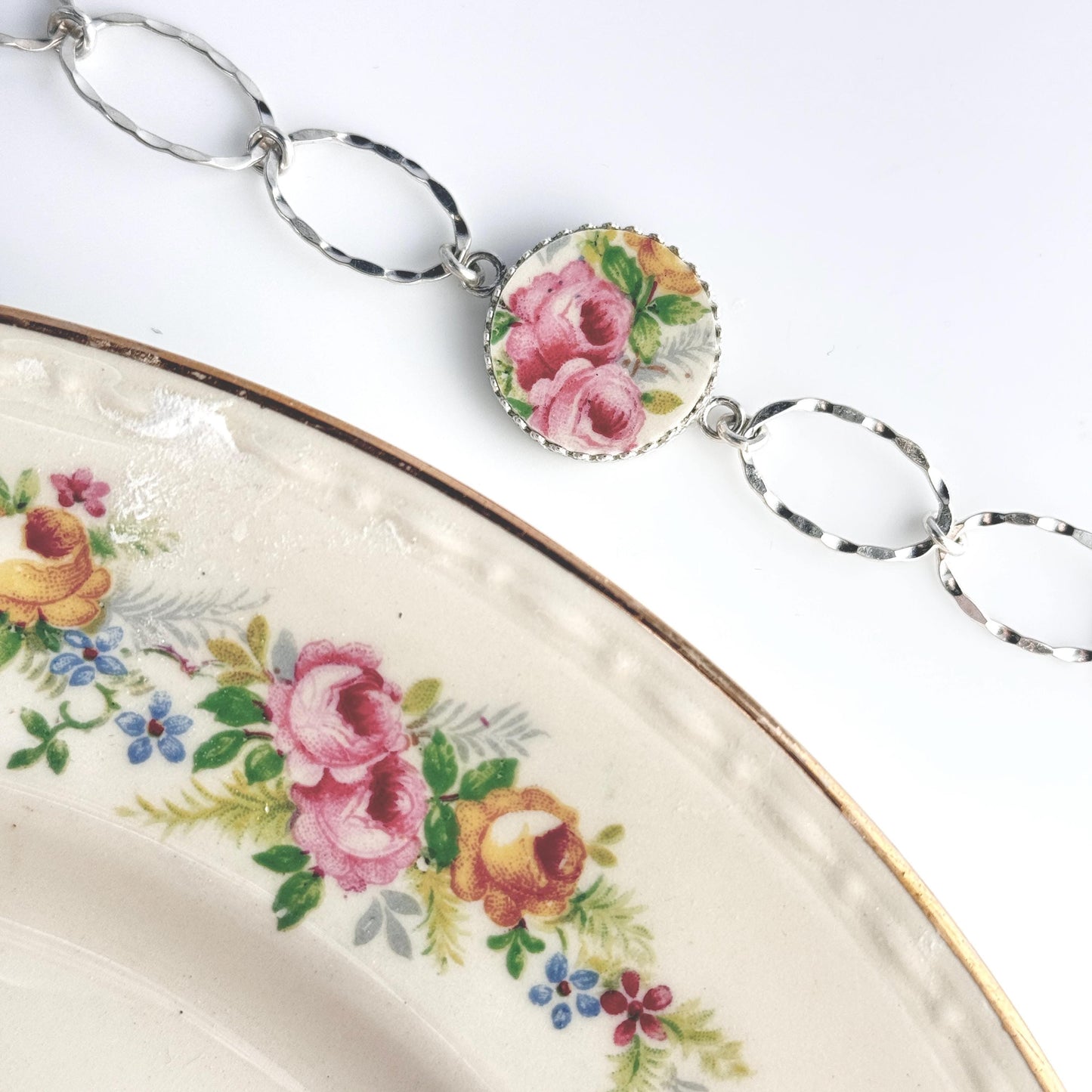 18th Anniversary 2 Roses Bracelet, Gift for Wife, Porcelain Cottagecore Jewelry, Sterling Silver