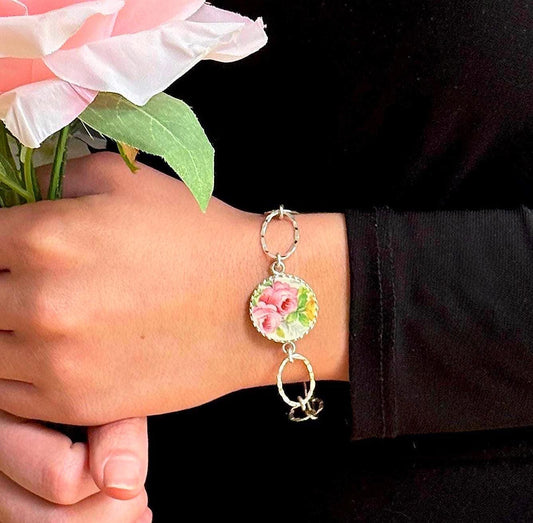 18th Anniversary 2 Roses Bracelet, Gift for Wife, Porcelain Cottagecore Jewelry, Sterling Silver