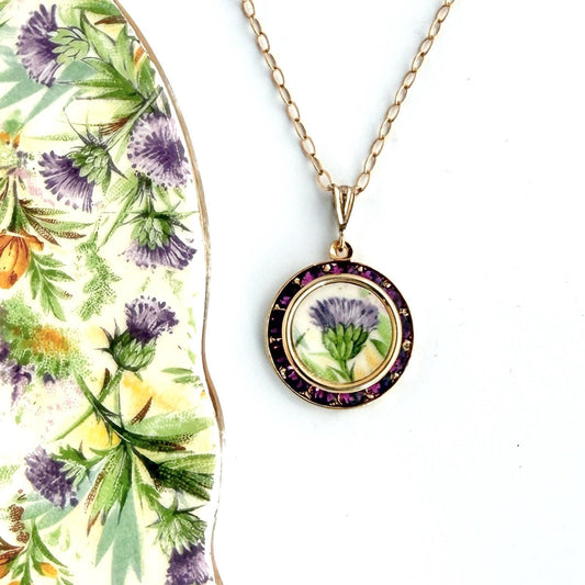 Porcelain Thistle Necklace, 18th Wedding Anniversary Gift for Wife, Gold Broken China Jewelry
