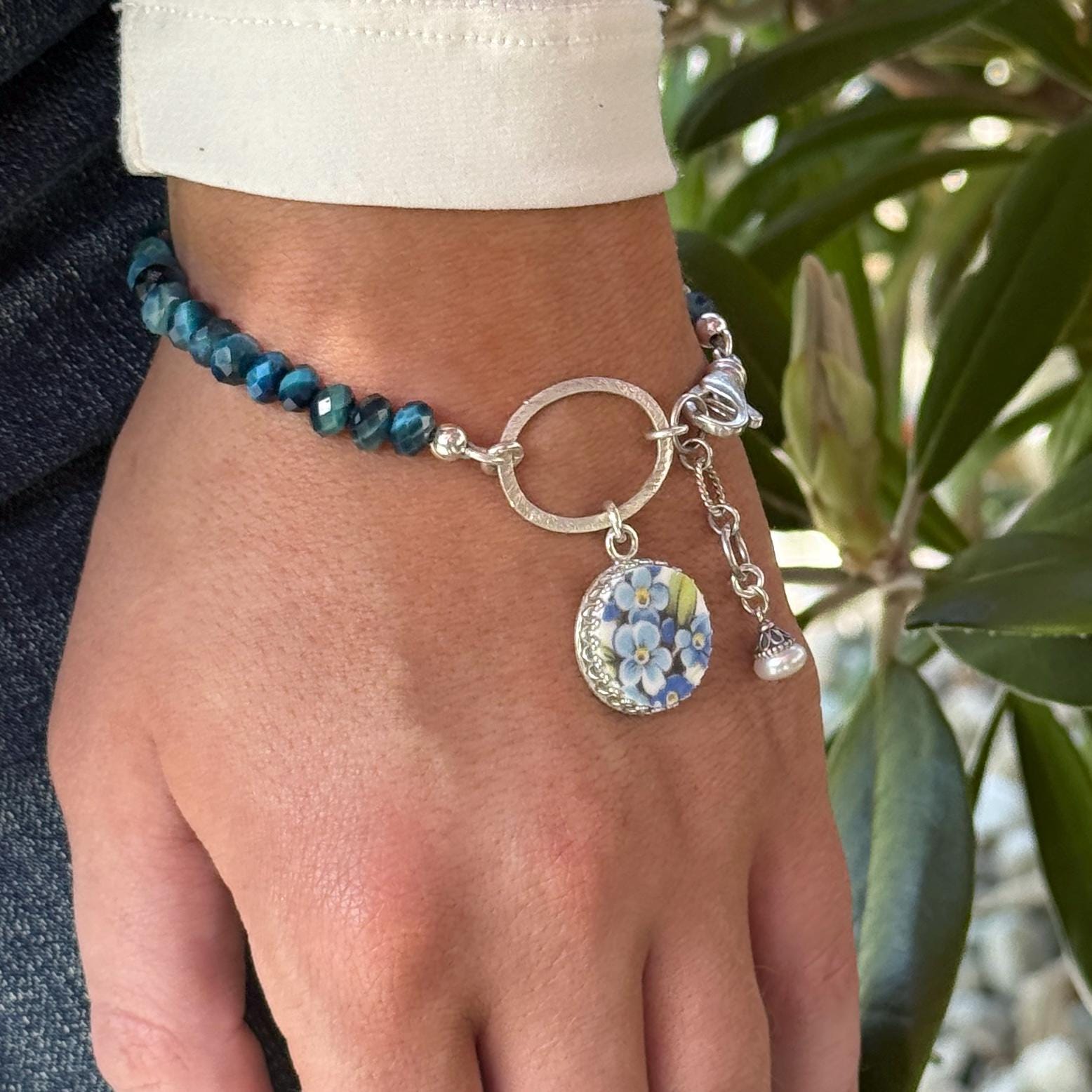 Forget Me Not 20th Anniversary Jewelry, Broken China Jewelry, Adjustable Sterling Silver Bracelet