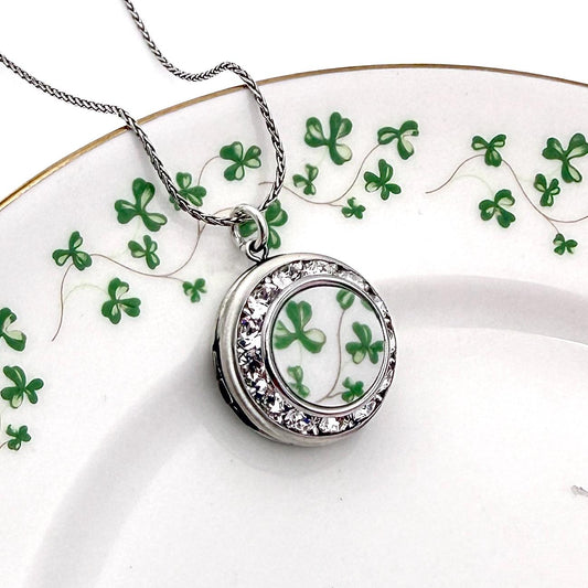 Shamrock Locket Necklace, Crystal Two Photo Locket, Irish Anniversary Gifts For Her