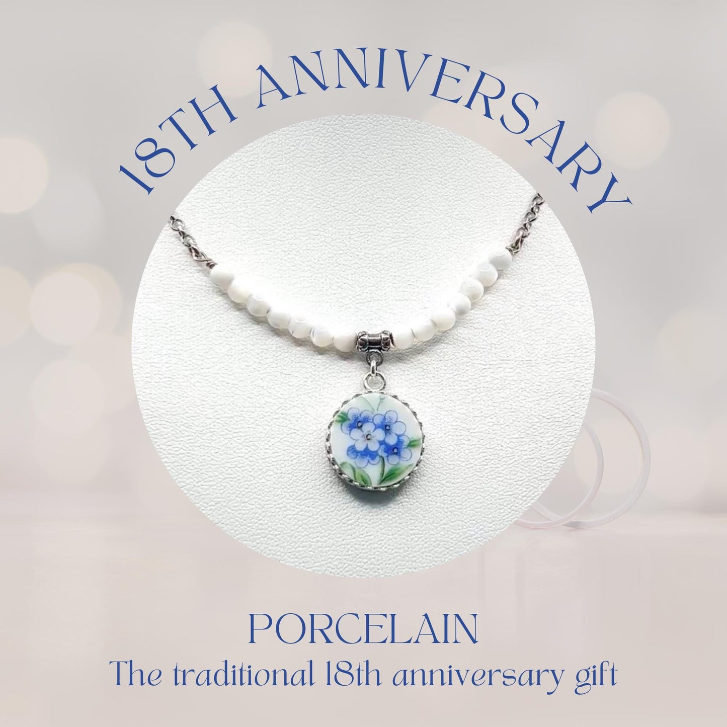 Vintage Porcelain Forget Me Not Necklace, 18th Anniversary Gift for Wife, Mother of Pearl Jewelry