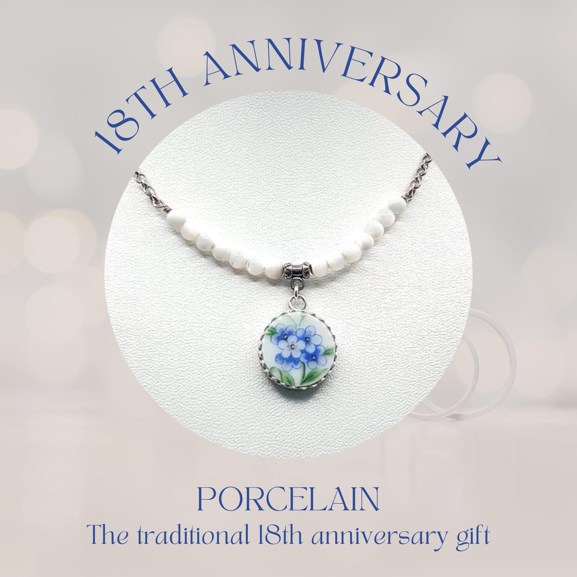 Vintage Porcelain Forget Me Not Necklace, 18th Anniversary Gift for Wife, Mother of Pearl Jewelry