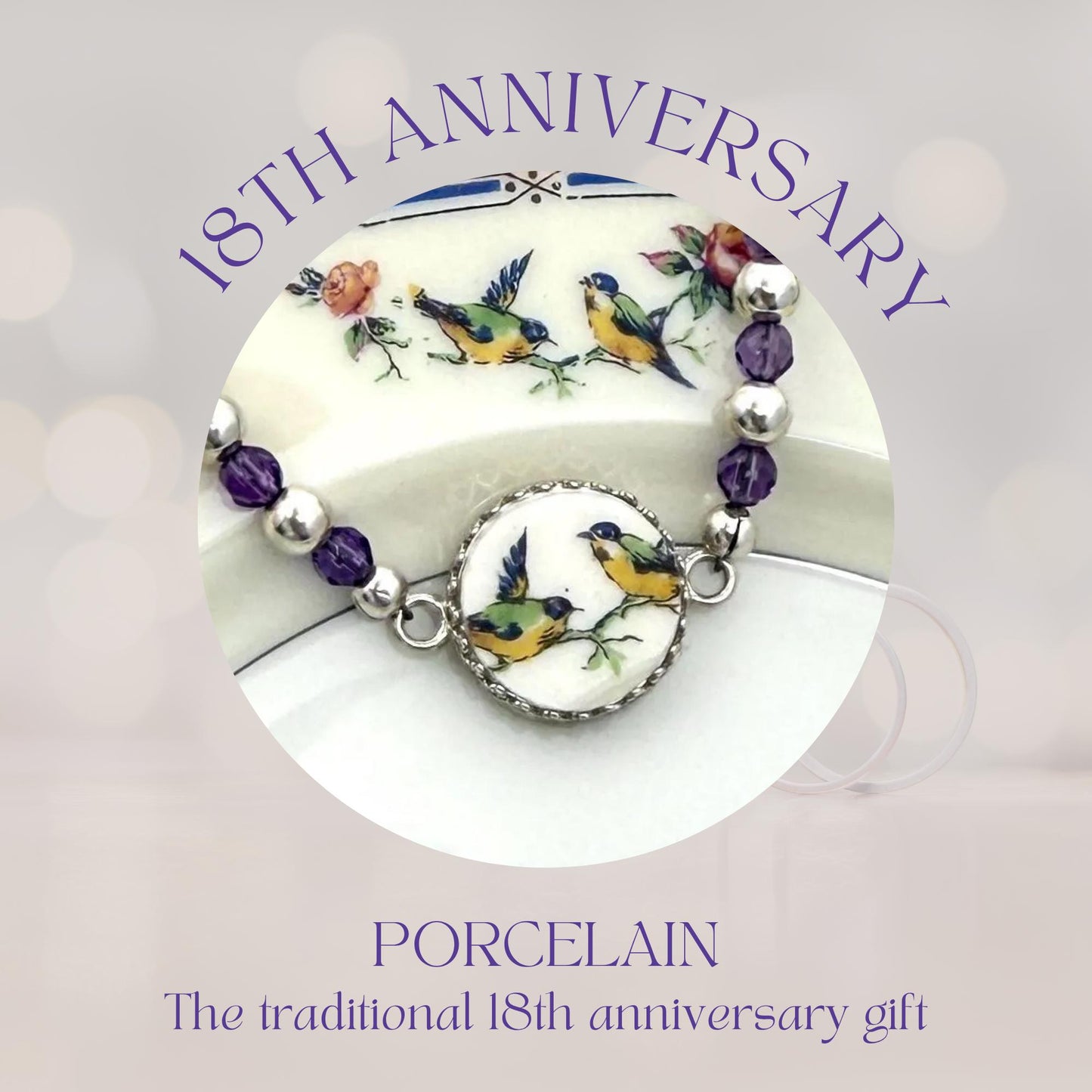 18th Anniversary Gift, Amethyst Love Birds Bracelet, Repurposed Porcelain Jewelry