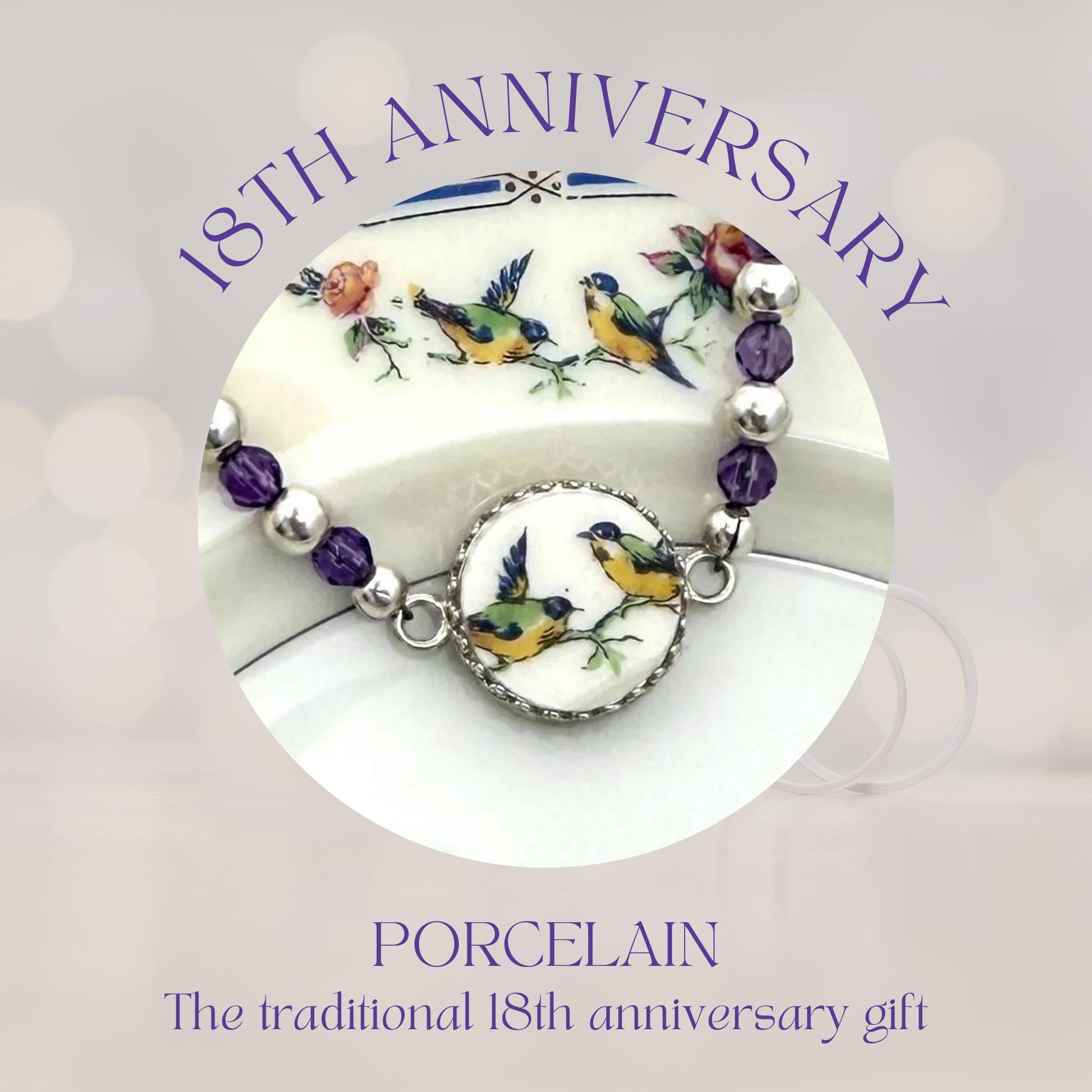 18th Anniversary Gift, Amethyst Love Birds Bracelet, Repurposed Porcelain Jewelry