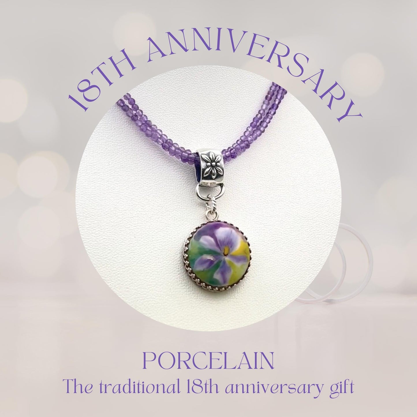 18th Anniversary Gift for Wife, Antique Porcelain Button Jewelry, Sterling Silver Purple Amethyst Necklace