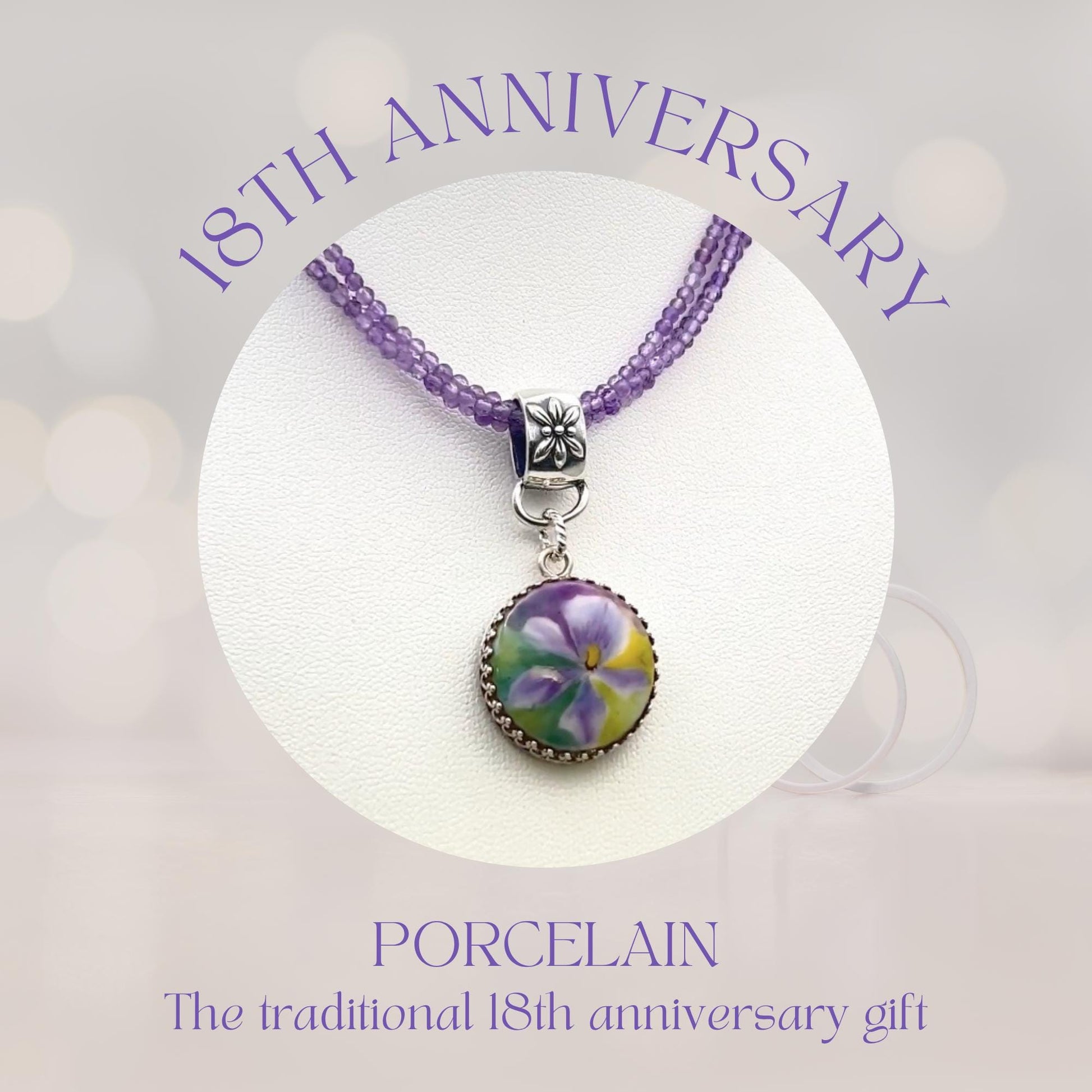 18th Anniversary Gift for Wife, Antique Porcelain Button Jewelry, Sterling Silver Purple Amethyst Necklace