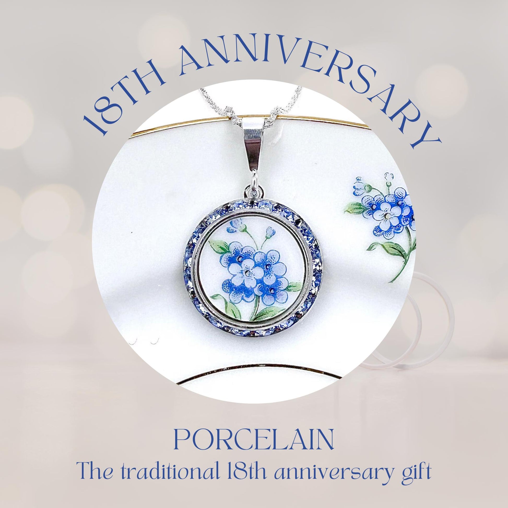 18th Anniversary Porcelain Gift for Wife, Blue Forget Me Not Necklace, Crystal Keepsake Jewelry