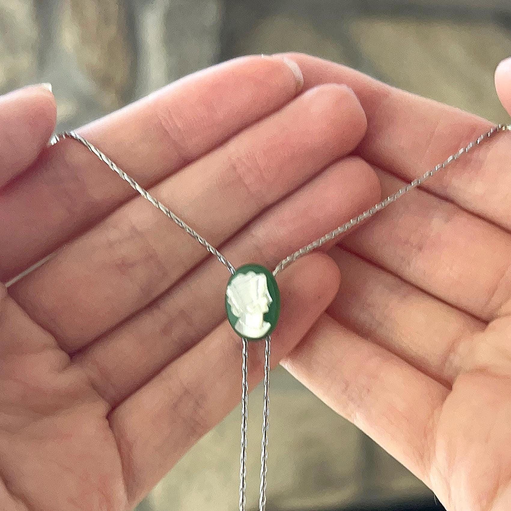 Dainty Mother of Pearl Cameo Necklace, Green Onyx Jewelry, Adjustable Bolo Slide Necklace, Unique Gifts for Women