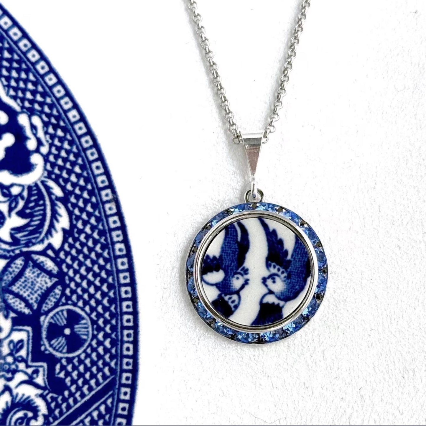 Love Birds China Necklace, Romantic 20th Anniversary Gift for Wife, Crystal Blue Willow Jewelry