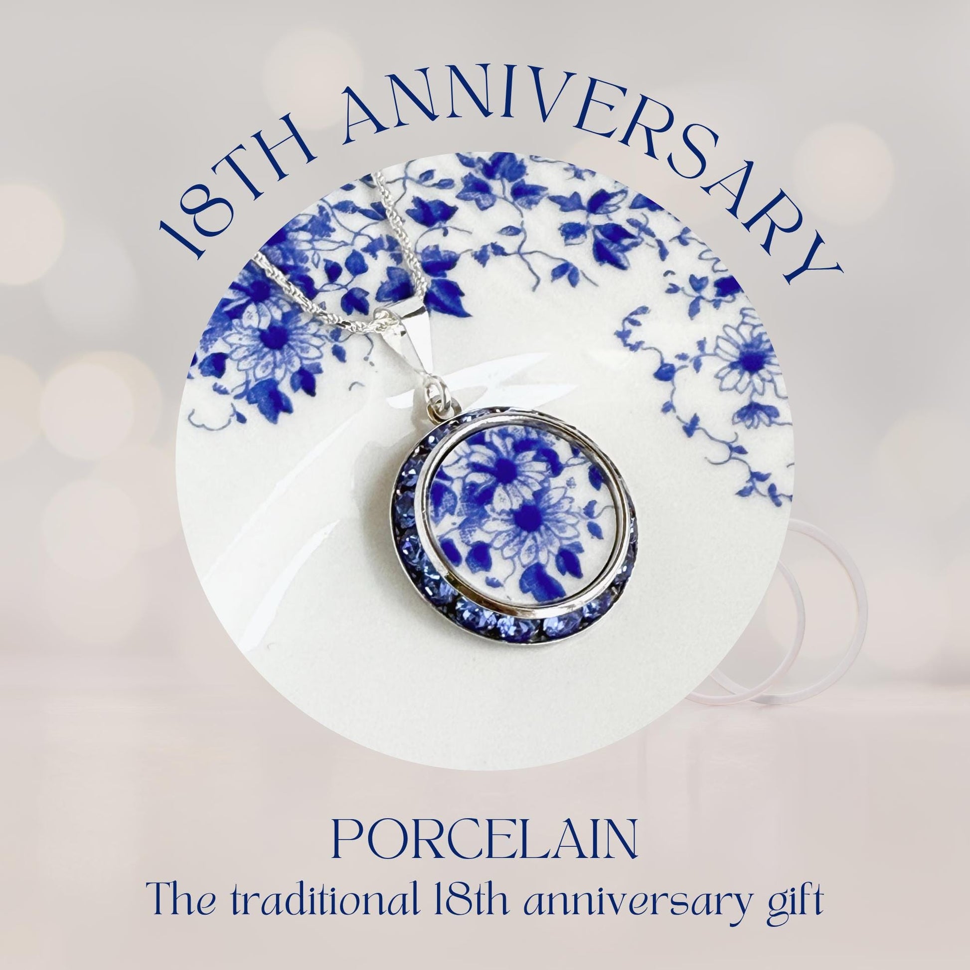 Blue and White Daisy Necklace, Traditional 18th Wedding Anniversary Gift for Wife, Antique Porcelain Jewelry
