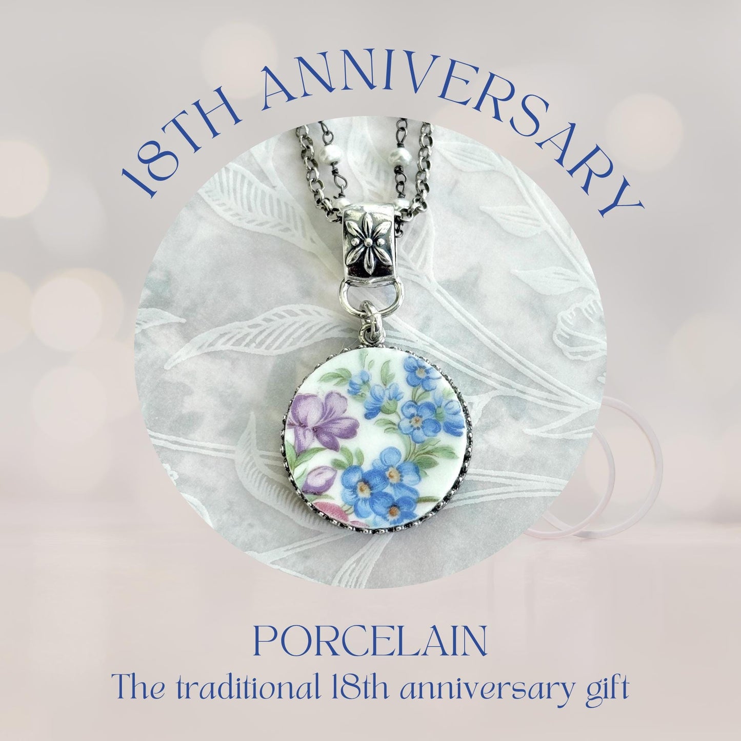 Forget Me Not Flower Necklace, Sterling Silver Pearl and Porcelain Jewelry, Anniversary Gifts for Wife