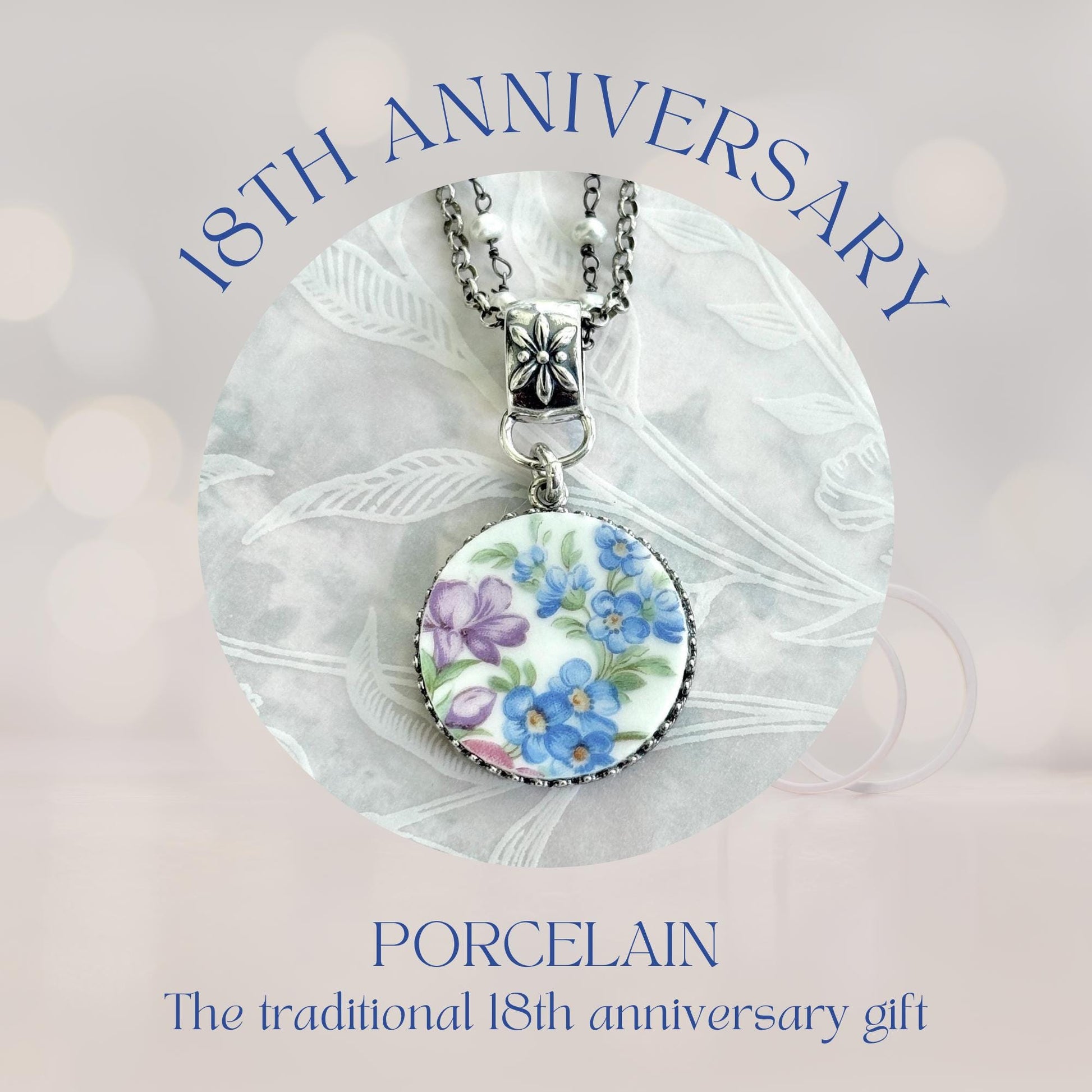 Forget Me Not Flower Necklace, Sterling Silver Pearl and Porcelain Jewelry, Anniversary Gifts for Wife