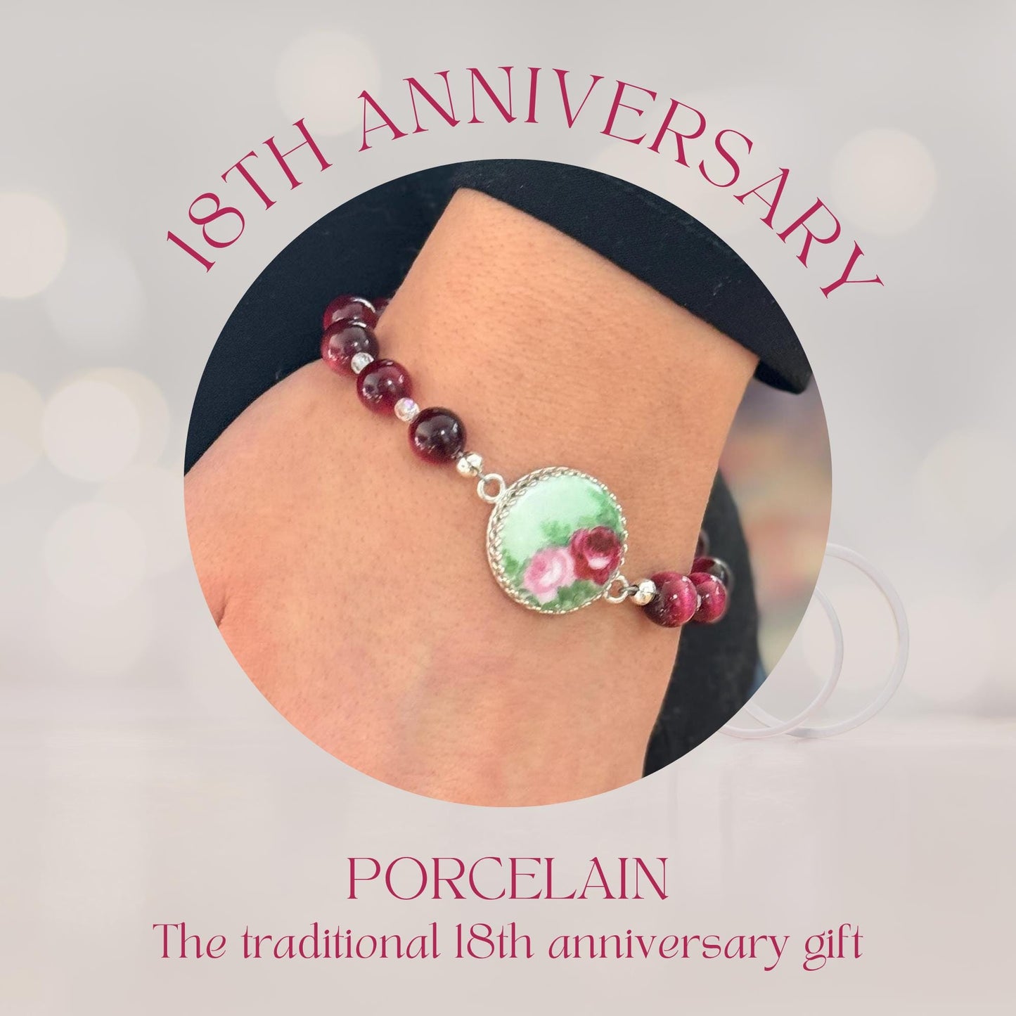 Hand Painted Roses Antique Button Bracelet, Porcelain Jewelry, 18th Anniversary Gift for Wife, Cats Eye Gemstone