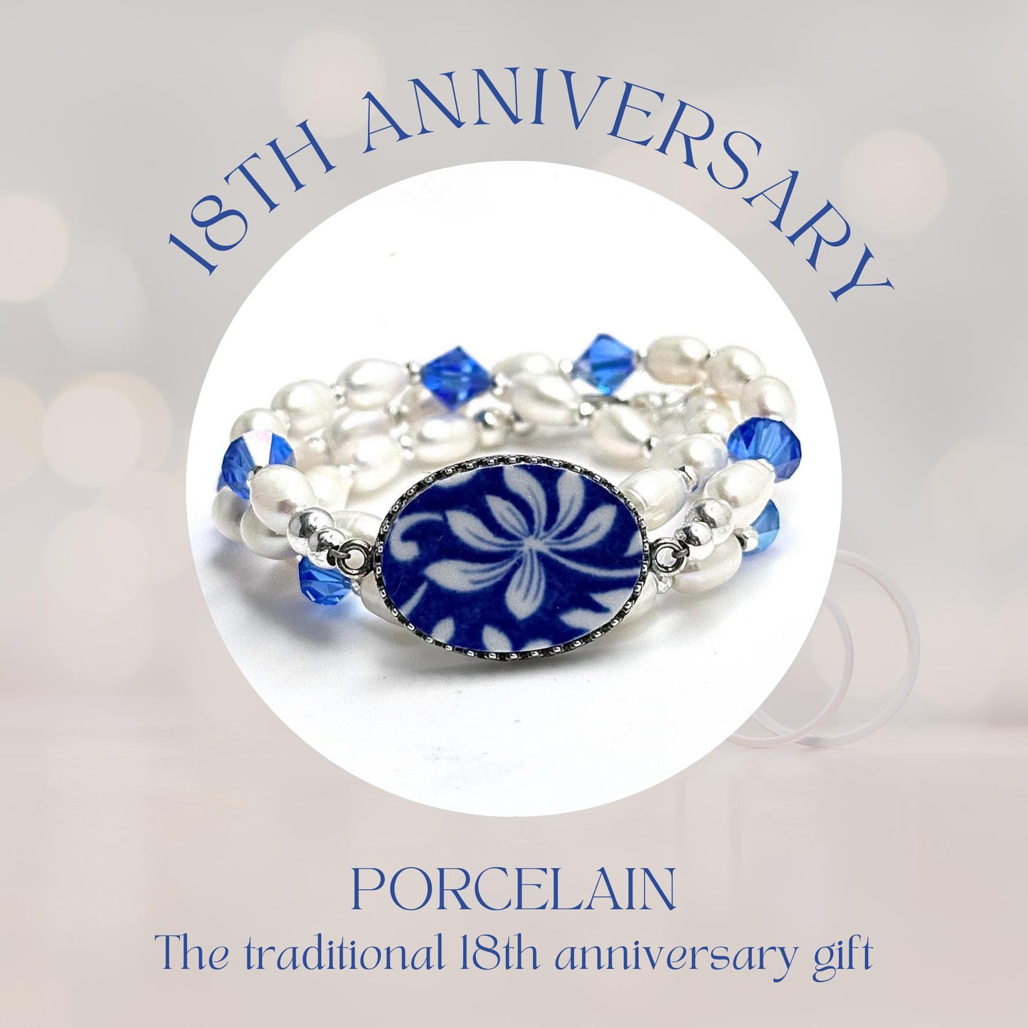 Pearl Wrap Bracelet, Spode Italian Blue China, 18th Anniversary Porcelain Jewelry Gift
