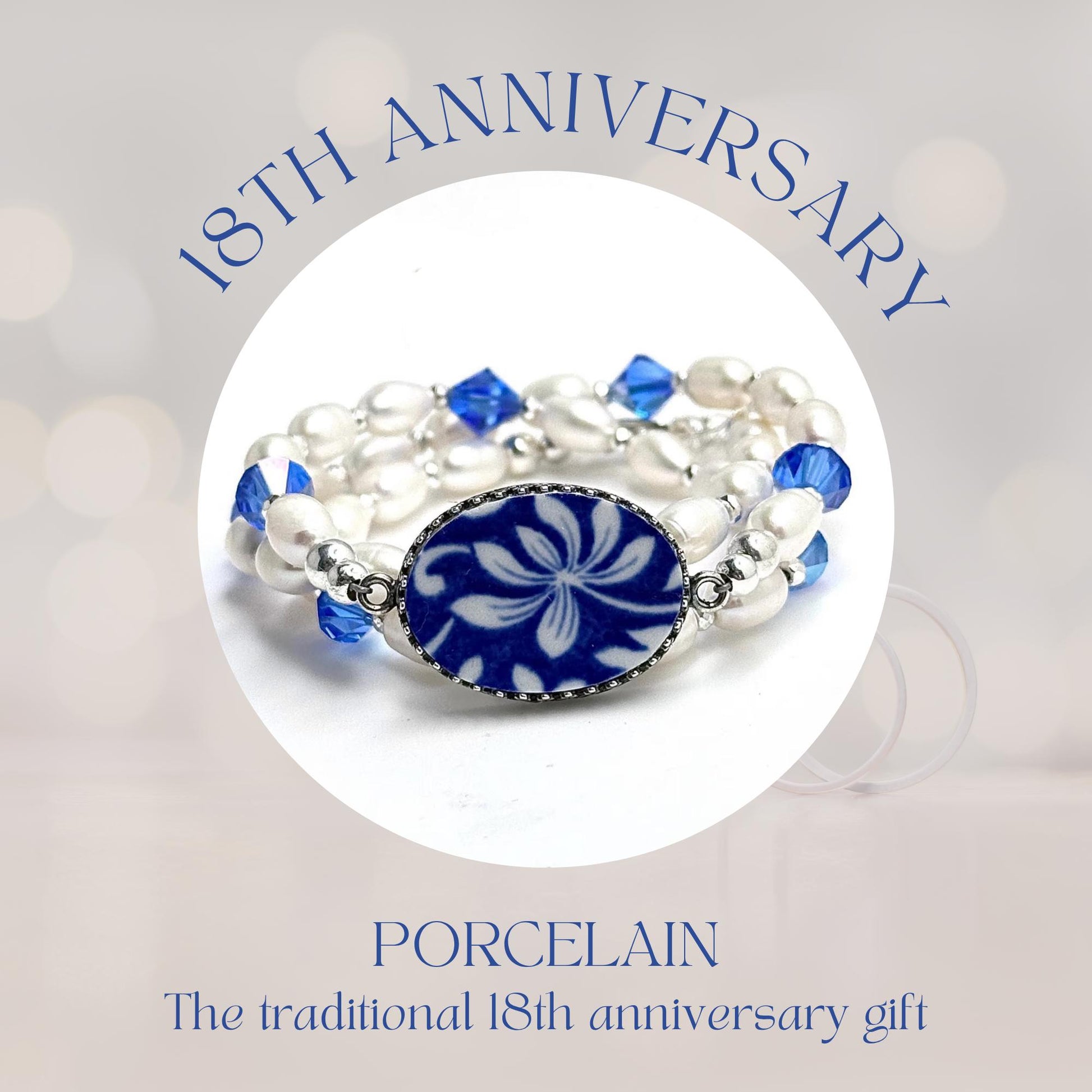 Pearl Wrap Bracelet, Spode Italian Blue China, 18th Anniversary Porcelain Jewelry Gift